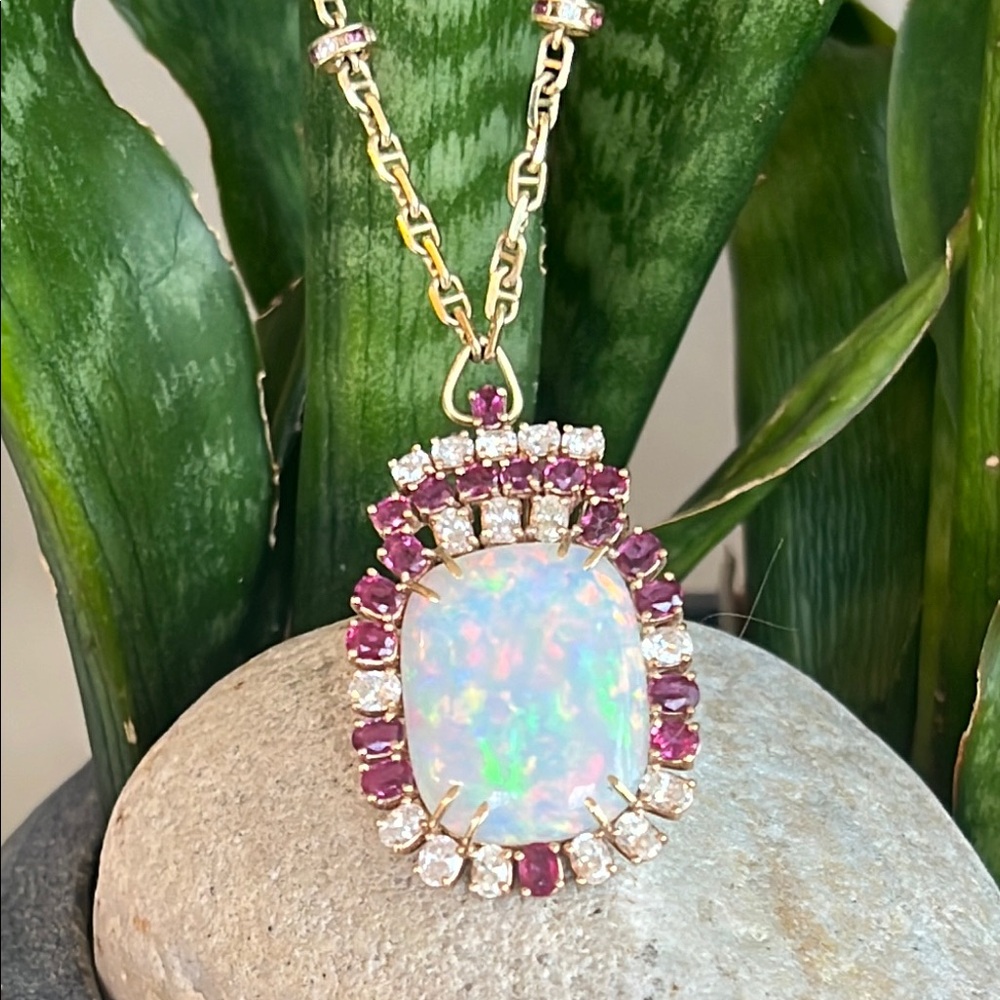 Sold. 18k diamond, ruby, and opal necklace - Picture 6 of 9